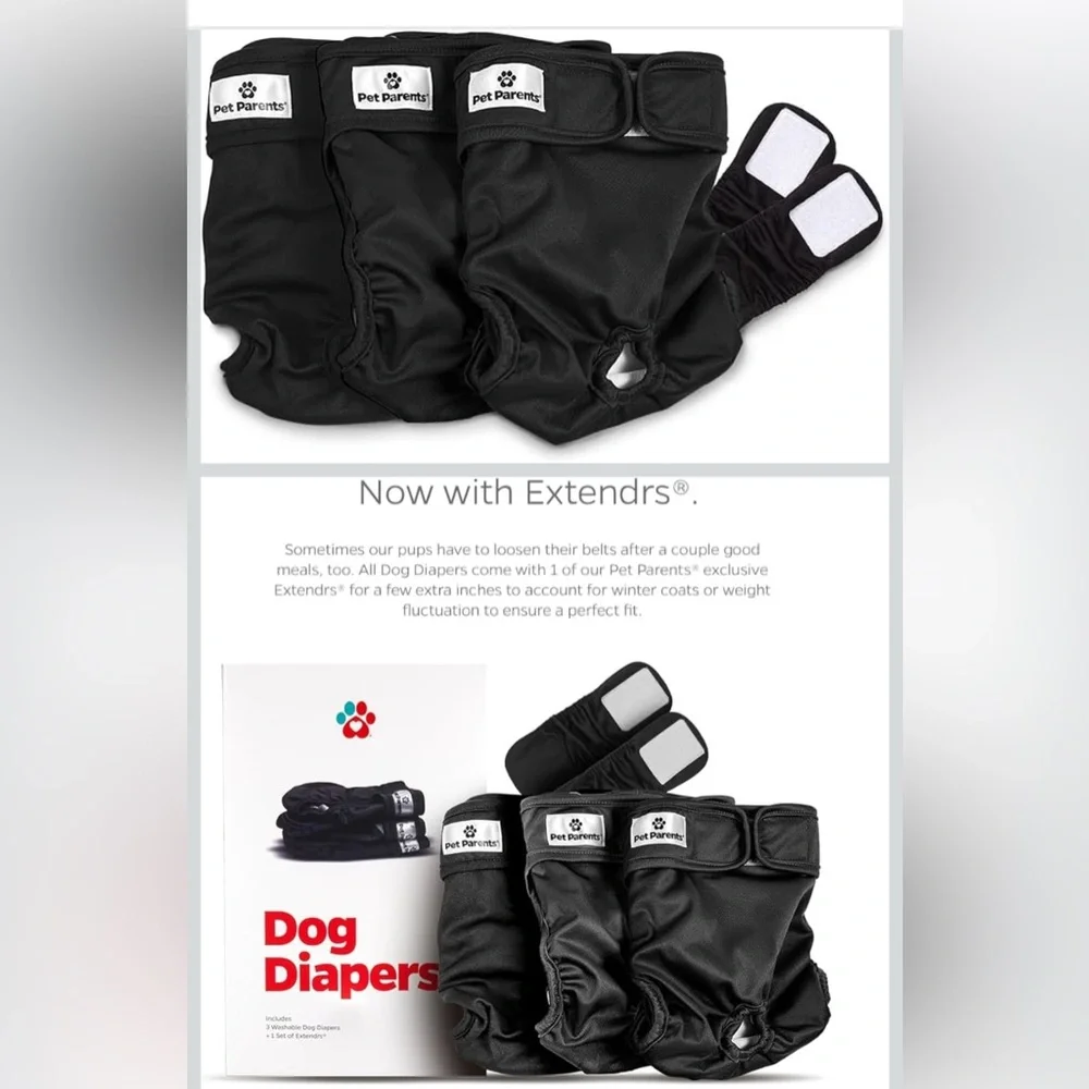 Pet Parents Black Reusable/Washable Dog Diapers with Extenders, Total of 3, NIB